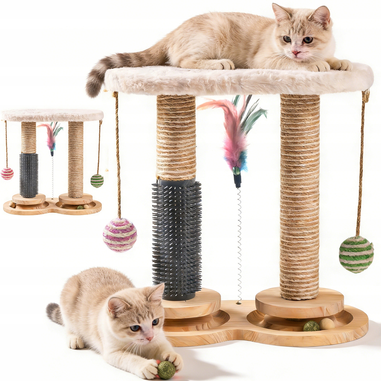 Levně Hračka Pro Kočky Dřevěná Dráha Škrabadla 2 Sisalové Koule