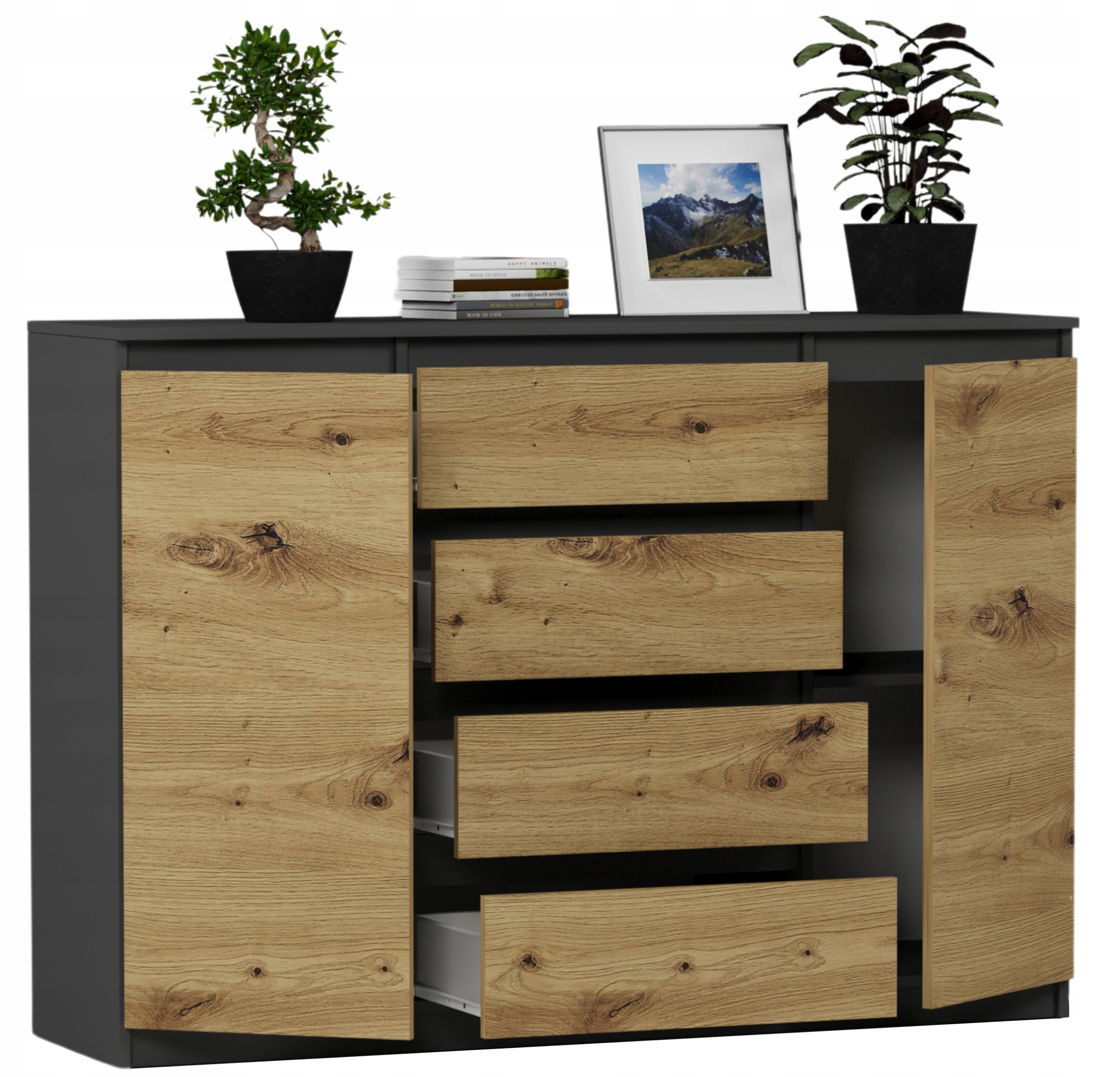 Modna KOMODA 160 SZAFKA 4 SZ. 3 PÓŁKI R-160-S4 ANTRACYT MIX ARTISAN