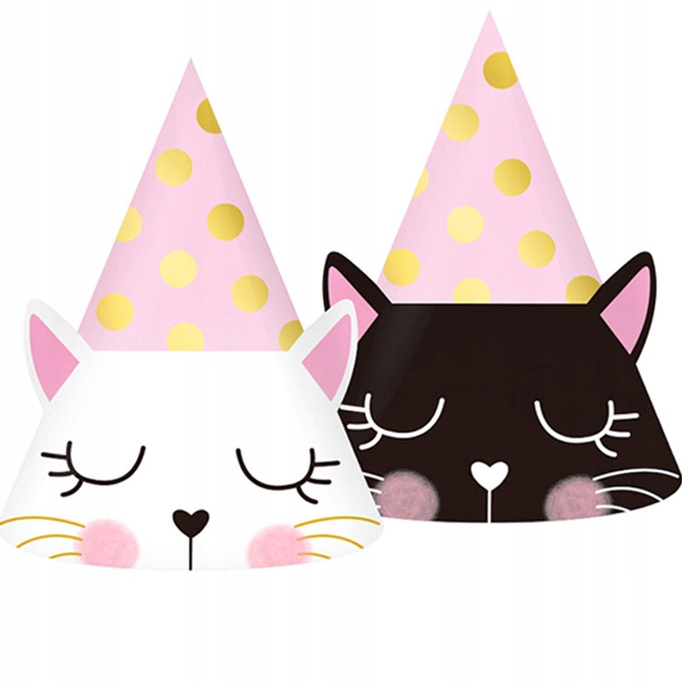 Czapeczki papierowe KOTEK roczek SŁODKI KOT różowe 1-9 urodziny PARTY 6szt