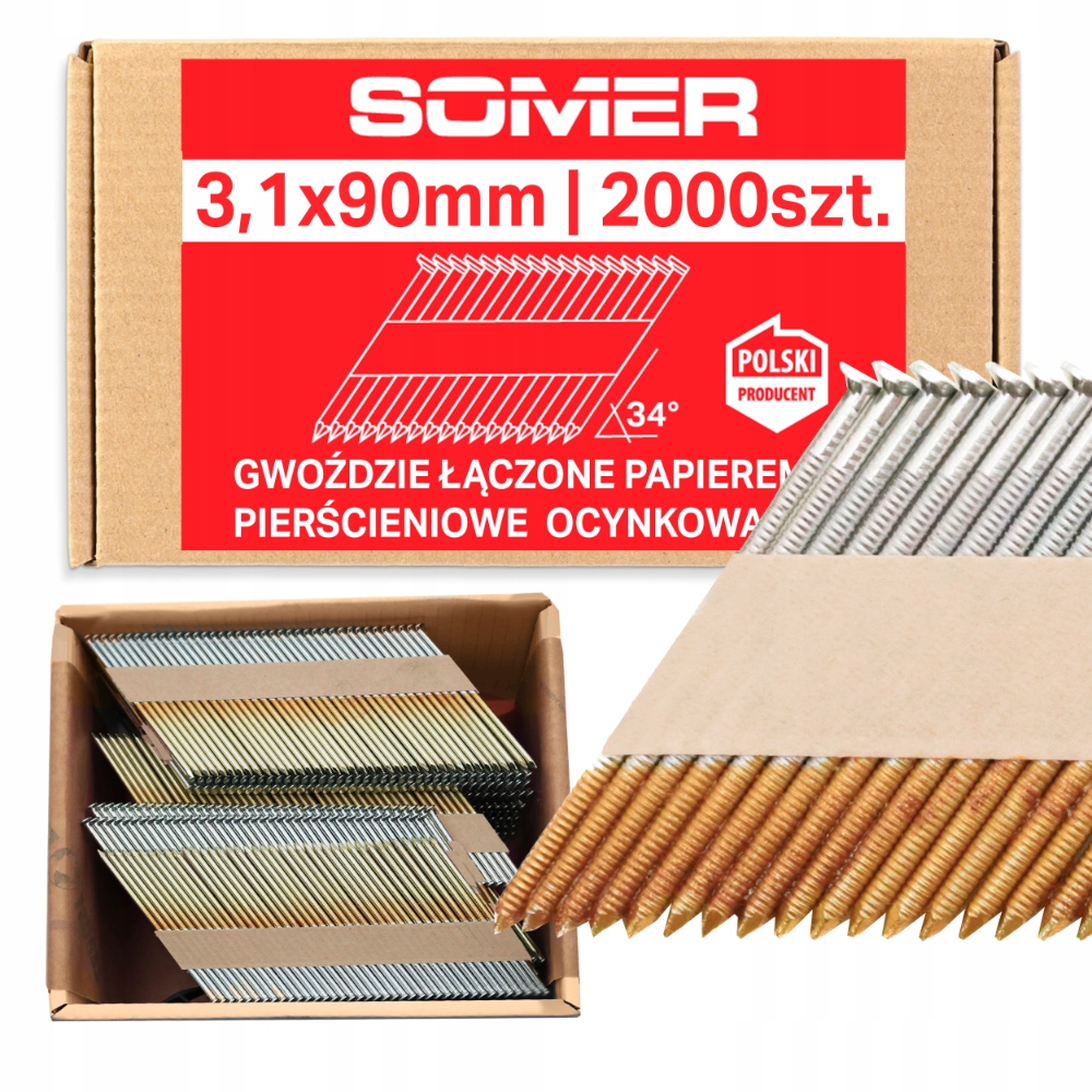 3,1x90 mm Gwoździe łączone papierem pierścieniowe ocynk 2000szt do Paslode