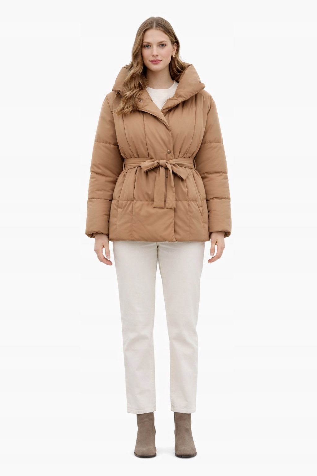 Béžová Prošívaná Zimní Bunda S Páskem S/m I3A