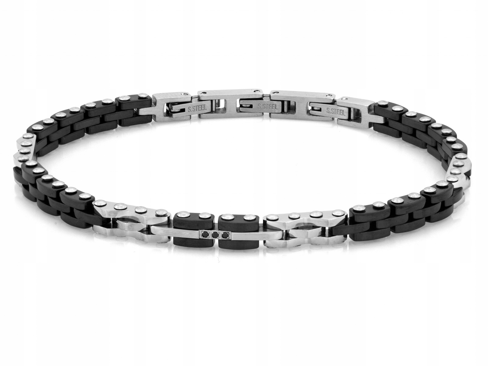 Pánský Ocelový Náramek z pevných prvků s černými doplňky r21