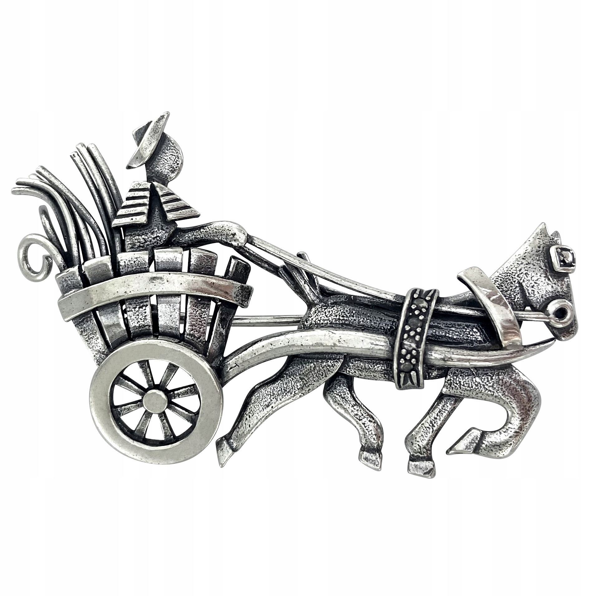 Stříbrná Brož Kočárek Koňské Vozidlo Stříbro 925 Kůň