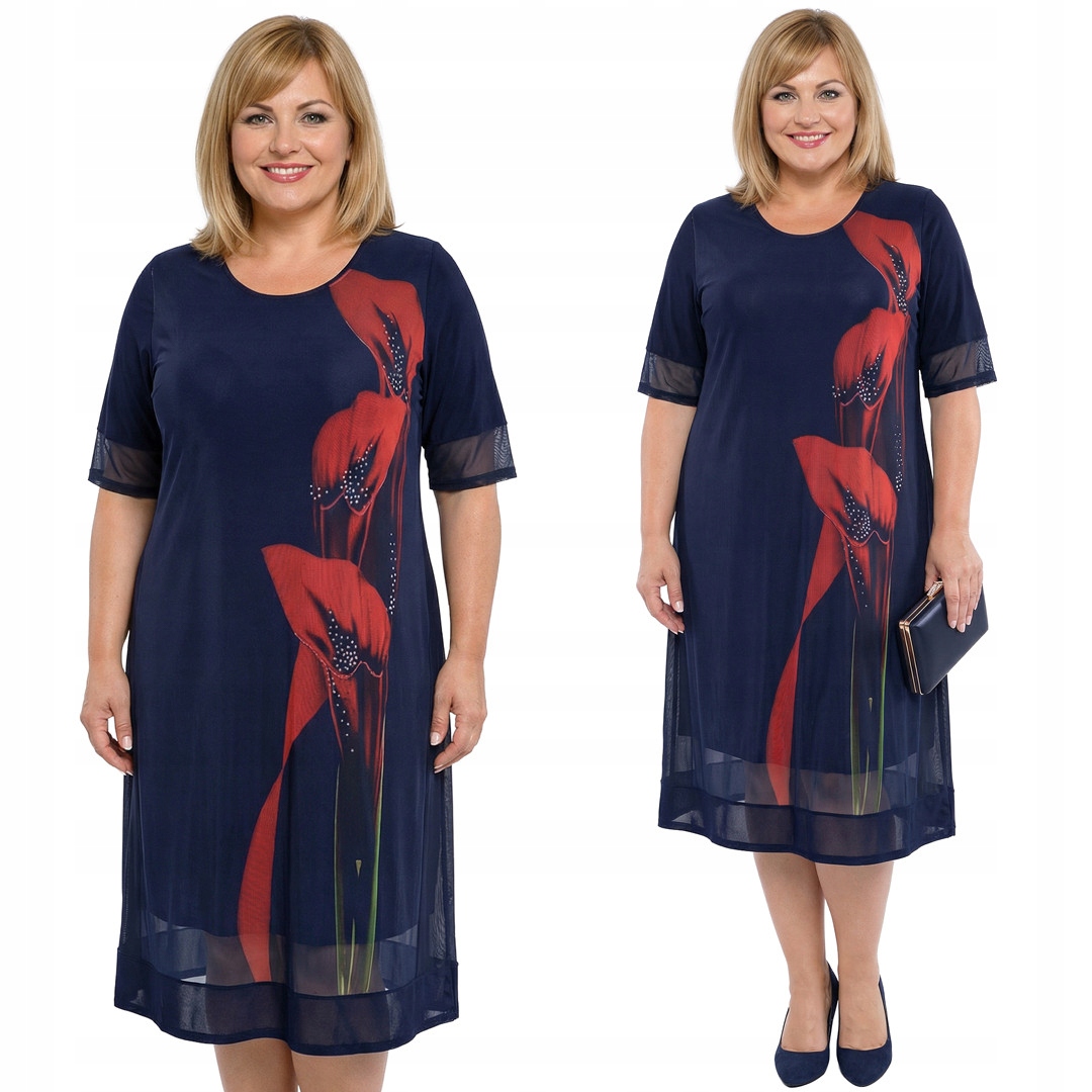 Tmavě modrá síťovaná šaty s červenými květy a velikostí, velikost 64