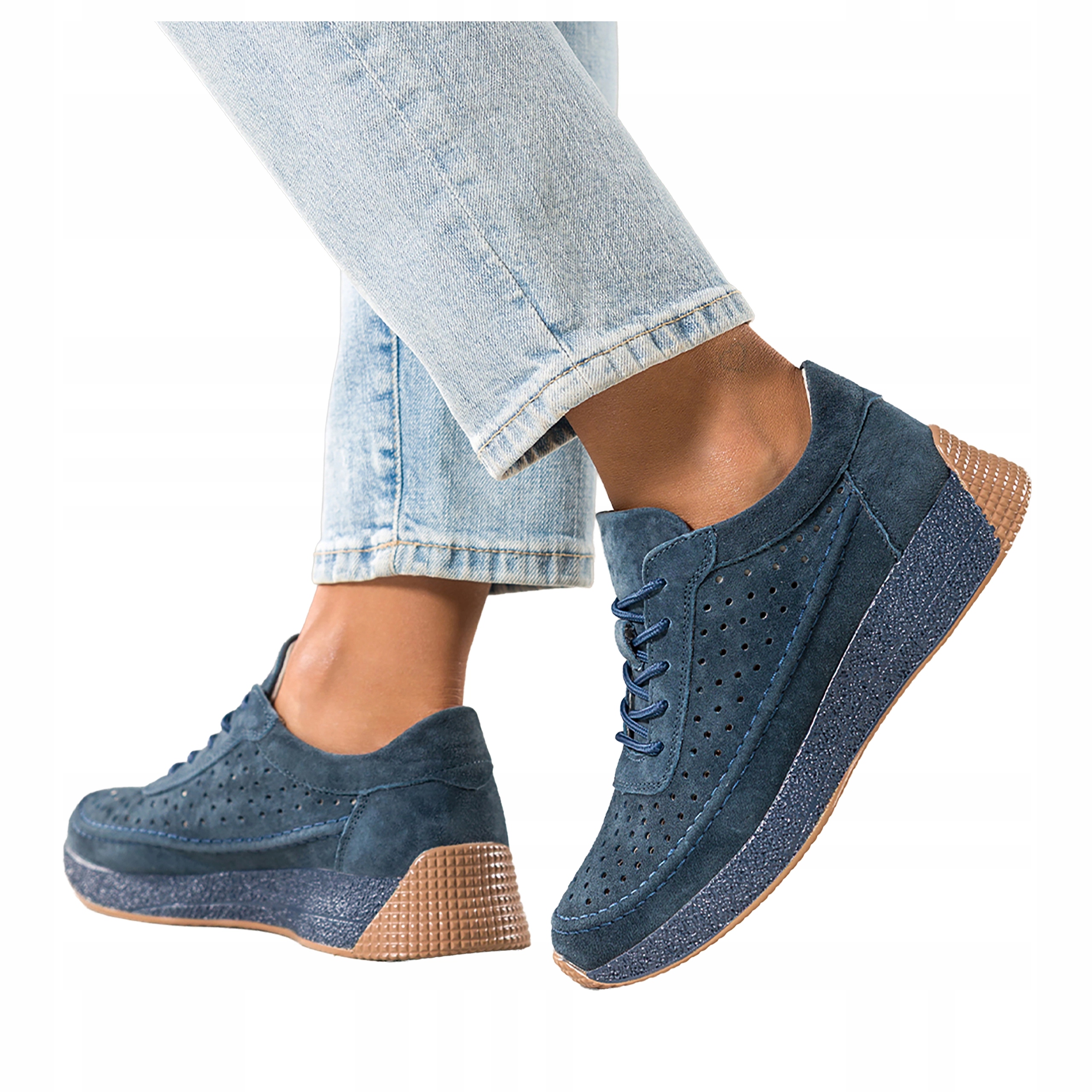 Modré dámské šněrovací tenisky ažurové na platformě Kožené, velikost 36