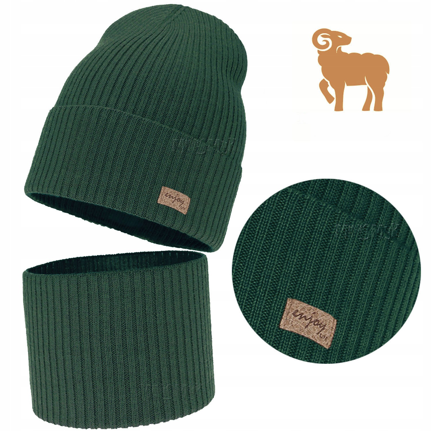 Zielony Komplet Wełna Merino Czapka Komin jesień wiosna Prążek r. 54-58
