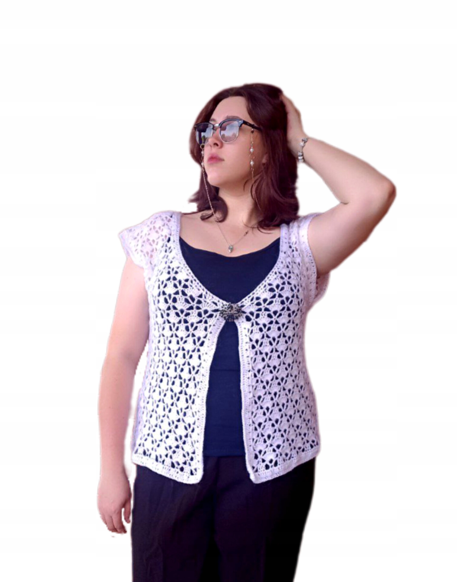 RK/HN21 Dámský Ažurový Svetr Ručně Háčkovaný, Barva Bílá