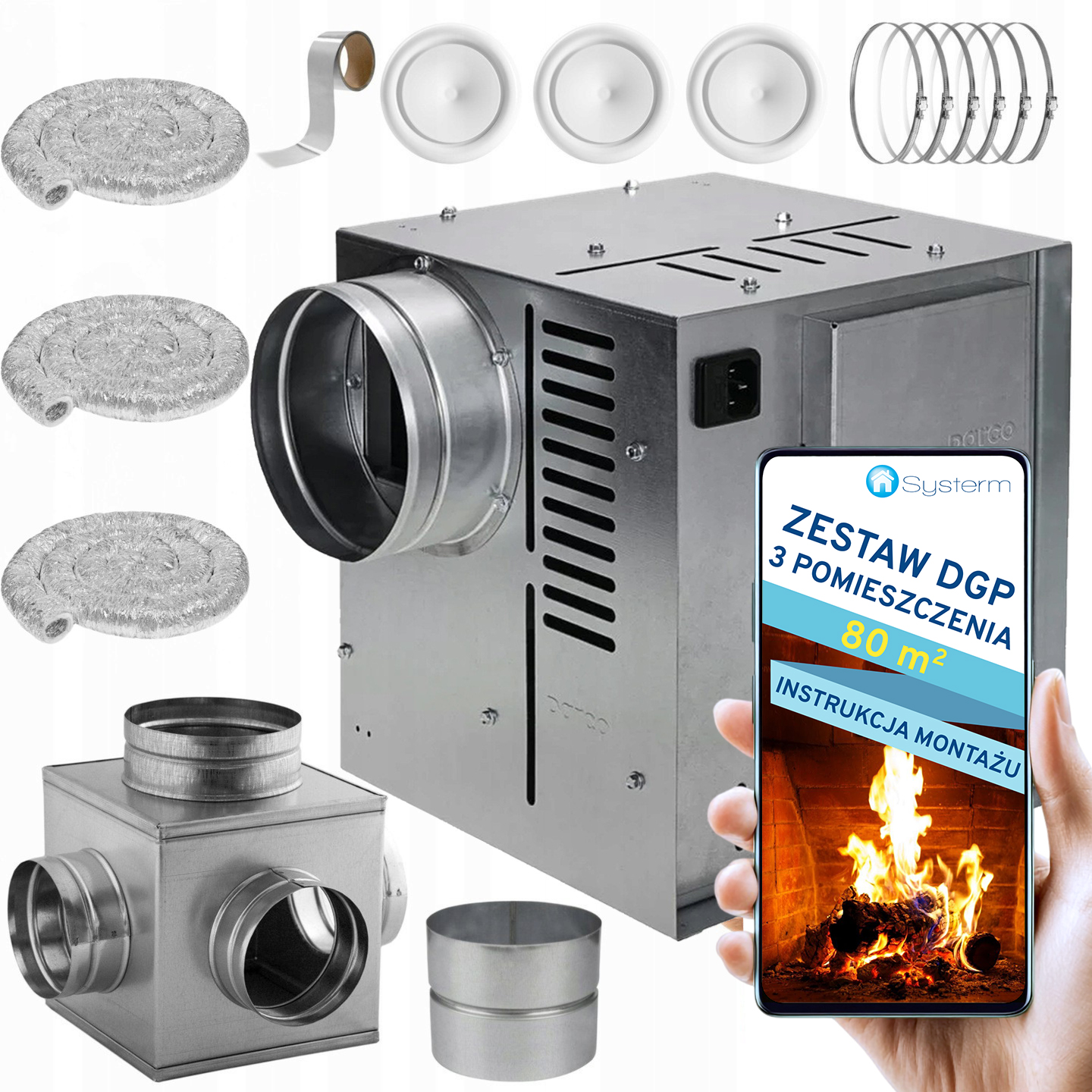 Krbová Turbína Krbový ventilátor 3 místnosti 80 m2 Set Dgp