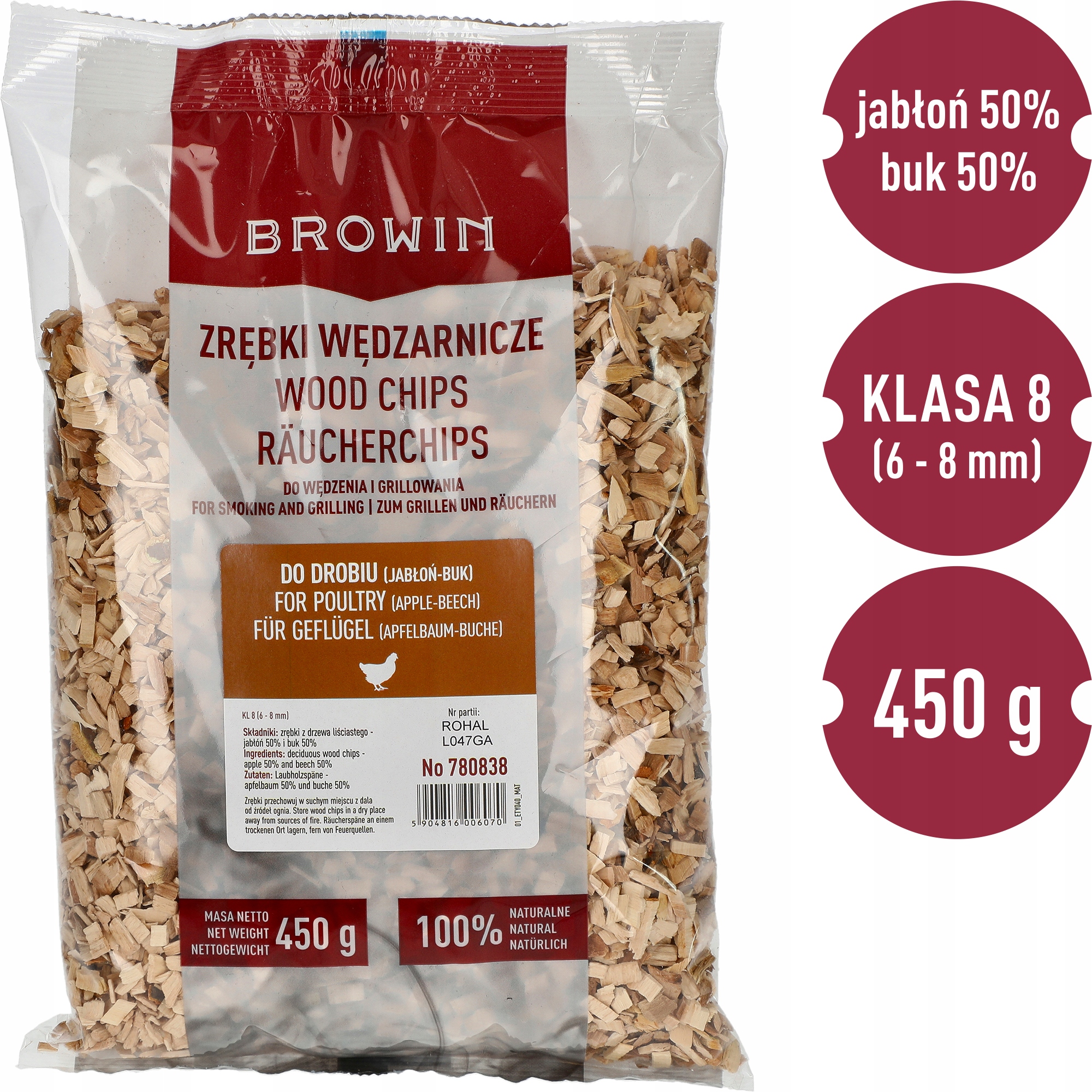 Zrębki do wędzenia / grillowania, 50% jabłoń + 50% buk, 450 g, kl. 8