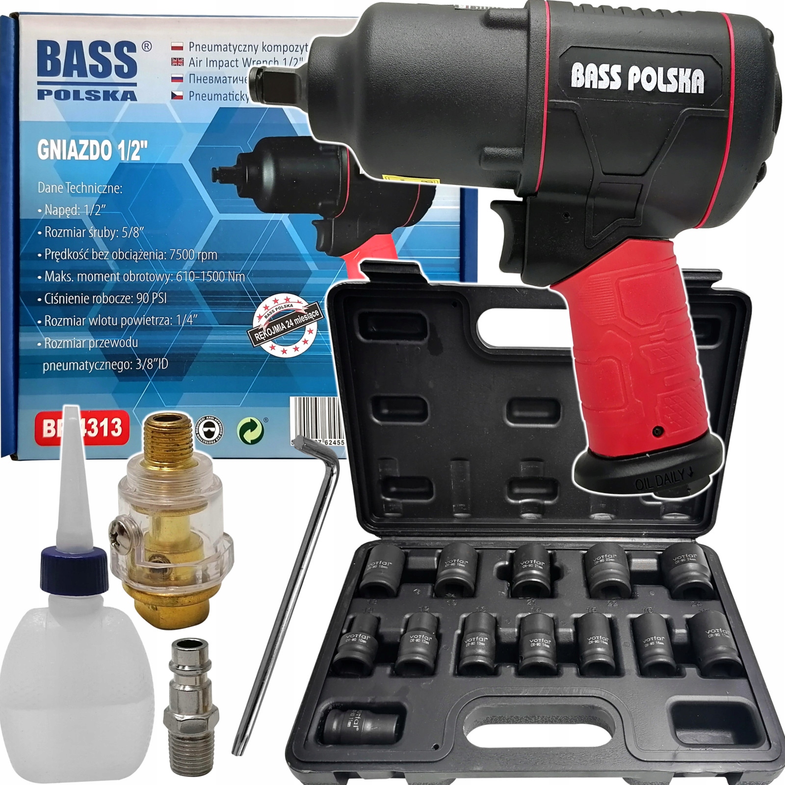 BASS PNEUMATYCZNY KLUCZ UDAROWY 1/2 1500NM NASADKI