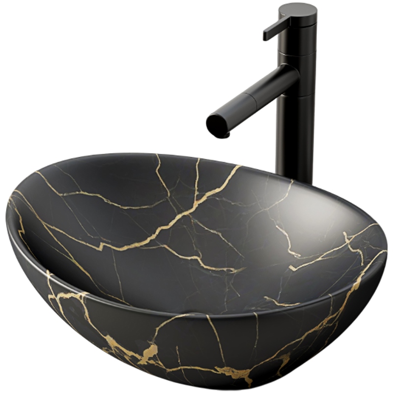 Umyvadlo Na Desku Černý Mat Mramor S Žilkami Oválné Keramické 41x34,5 CM