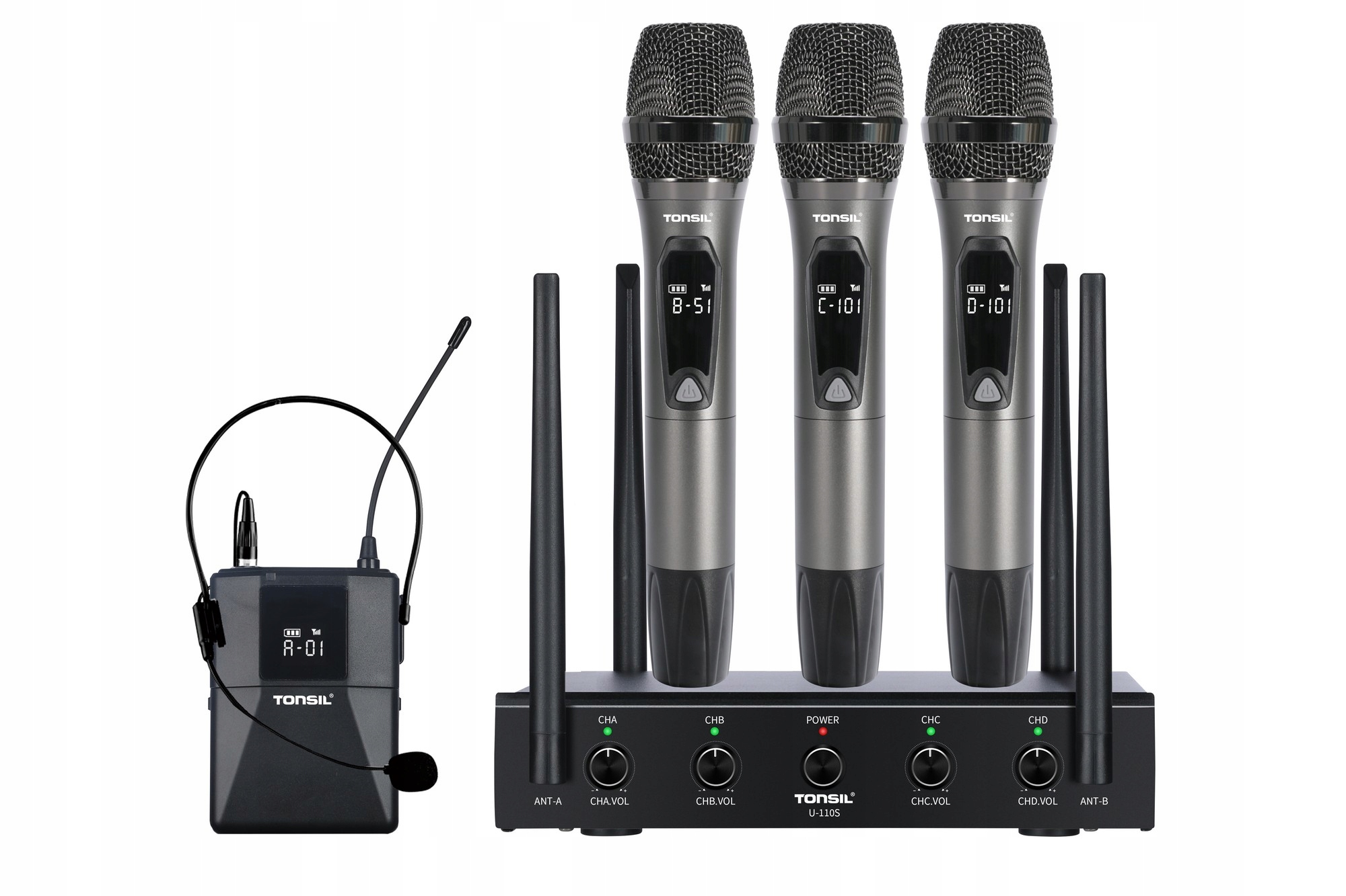 Systém bezdrátových mikrofonů Tonsil U-110S 3 ruční 1 náhlavní Uhf
