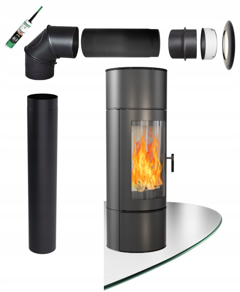 Piecyk kratki Antares 10 kW koza kominek zestaw do montażu fi 150 szyba