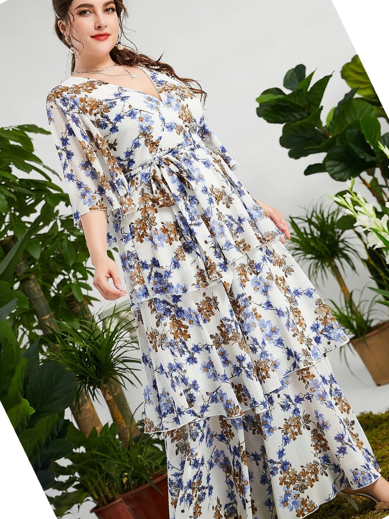 Šaty S Falbankami Rozšívaná Maxi Letní s Květy Boho XL 42