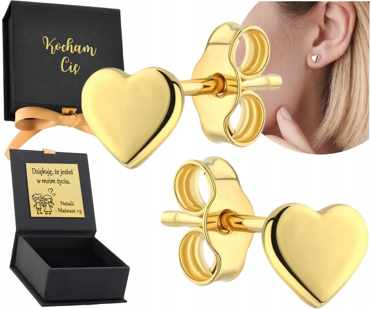 Złote Kolczyki Serca Serduszka +Pudełko Grawer Ściereczka Złoto 585