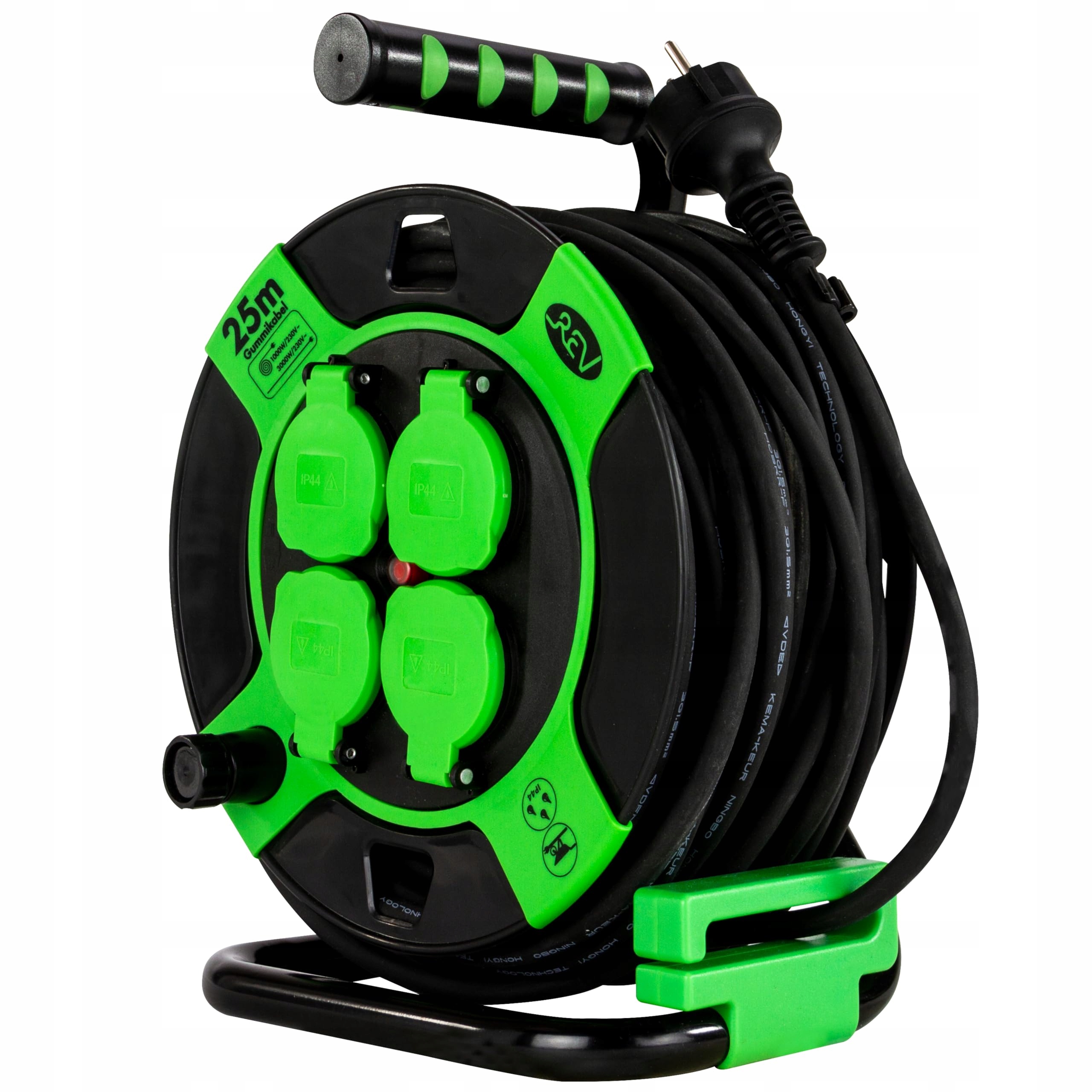 REV Kabel Bębnowy 25m H05RR IP44 3000W Do Użytku Zewnętrznego 4 Gniazda — miniatura 2
