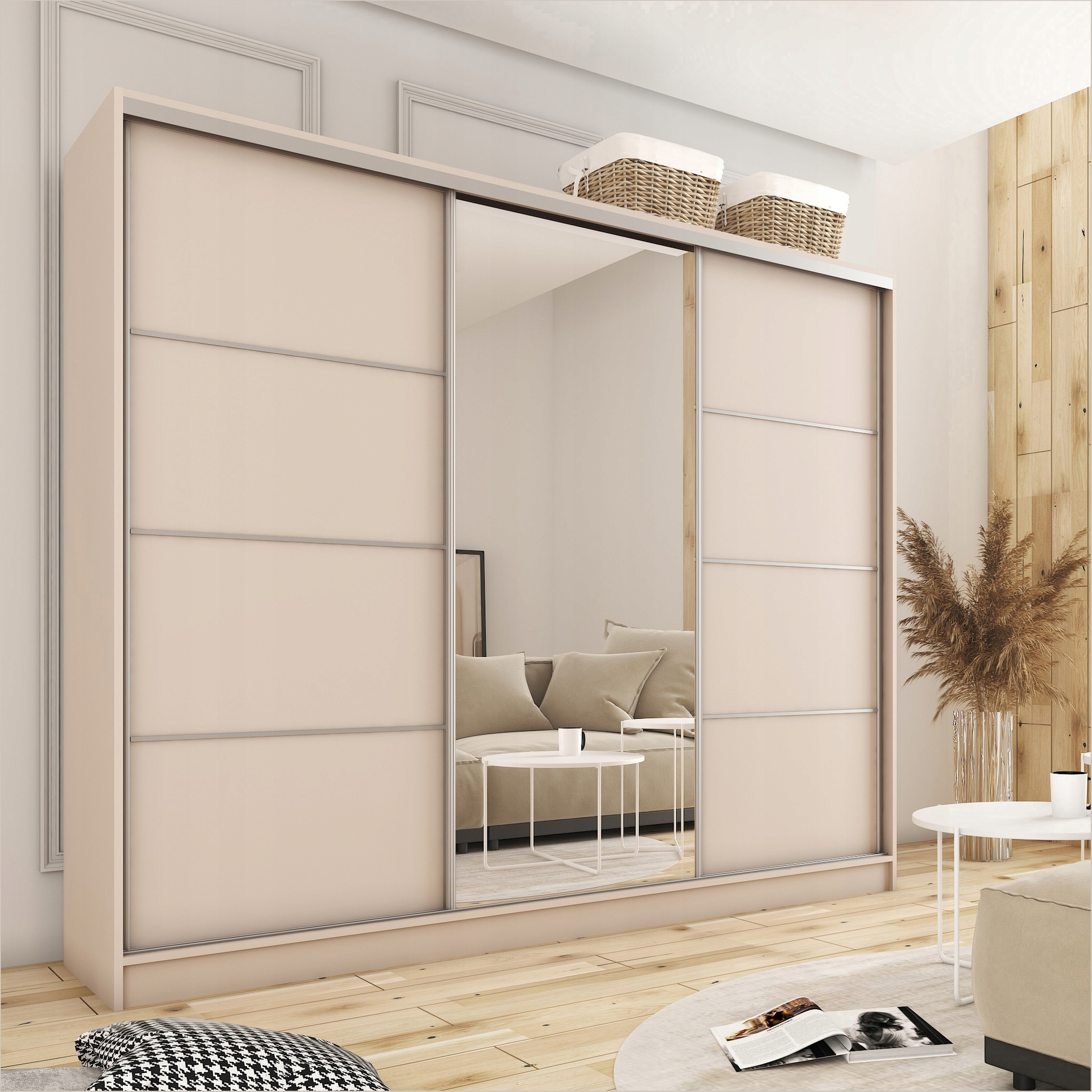 Szafa przesuwna z lustrem TOP 280 cm z półkami drążki szuflady biała Kolor mebla biały