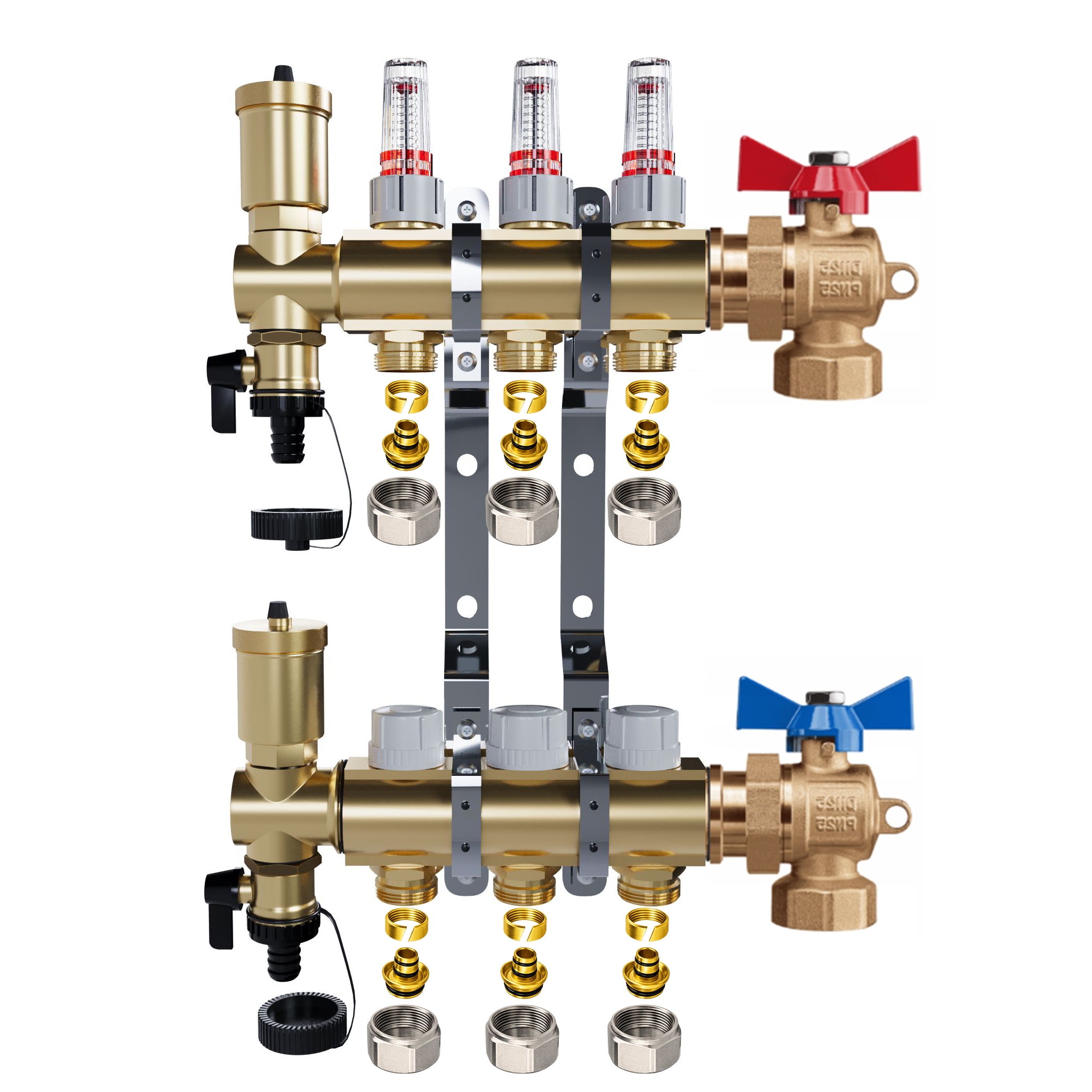 Mosazný rozdělovač 3 okruhy Vytápění Podlahové kulové ventily Pex