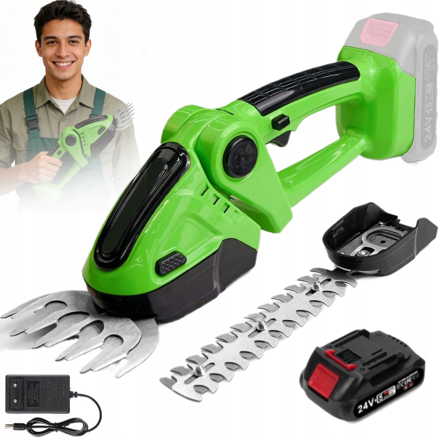 Akumulátorové Nůžky Na Živý Plot Keřů 2V1 Set 13.5CM Aku 1.5Ah 24V