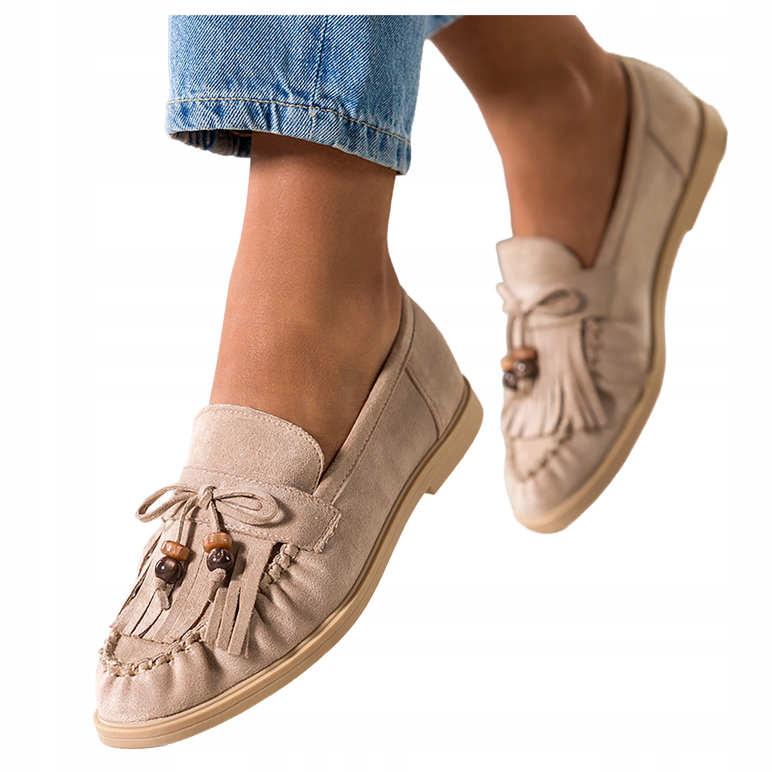 Béžové Mokasíny Dámské Modní Ploché S Třásněmi A Mašličkou Polobotky velikost 40
