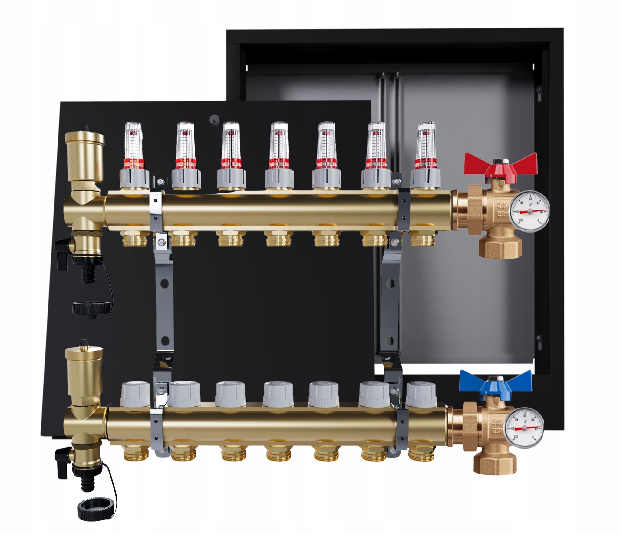 Rozdělovač Pro Podlahovku 7 Okruhů Ventily Nástěnná Skříňka Černá