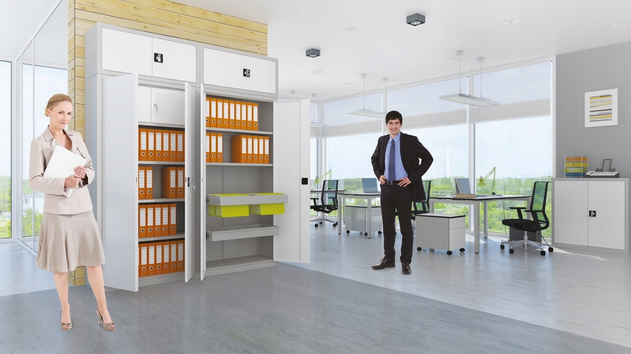 Szafa aktowa na dokumenty metalowa 4 półki biurowa Głębokość mebla 43.5 cm