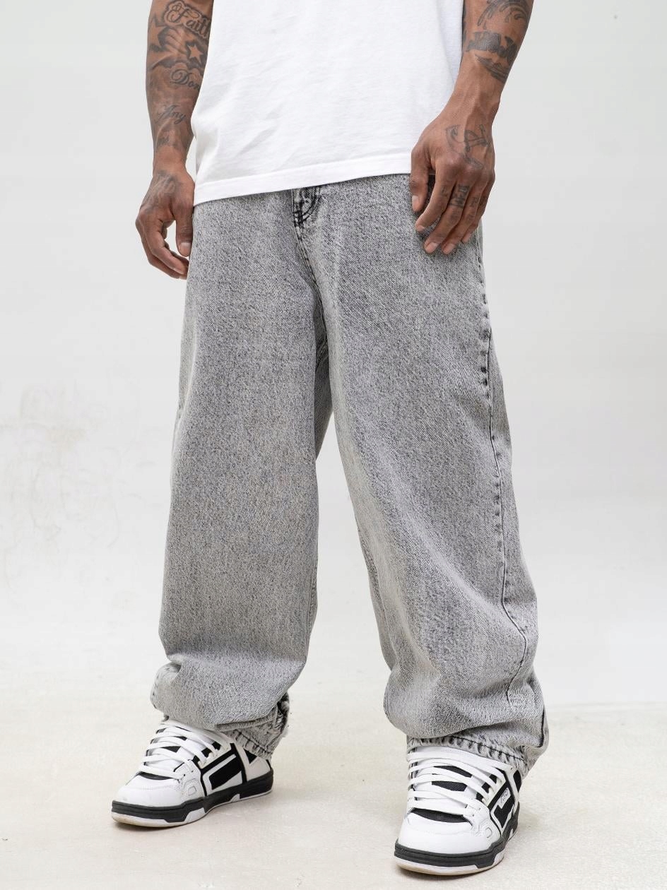 Baggy Široké Džínové Kalhoty Pánské Šedé Jigga Wear Dude Haft L