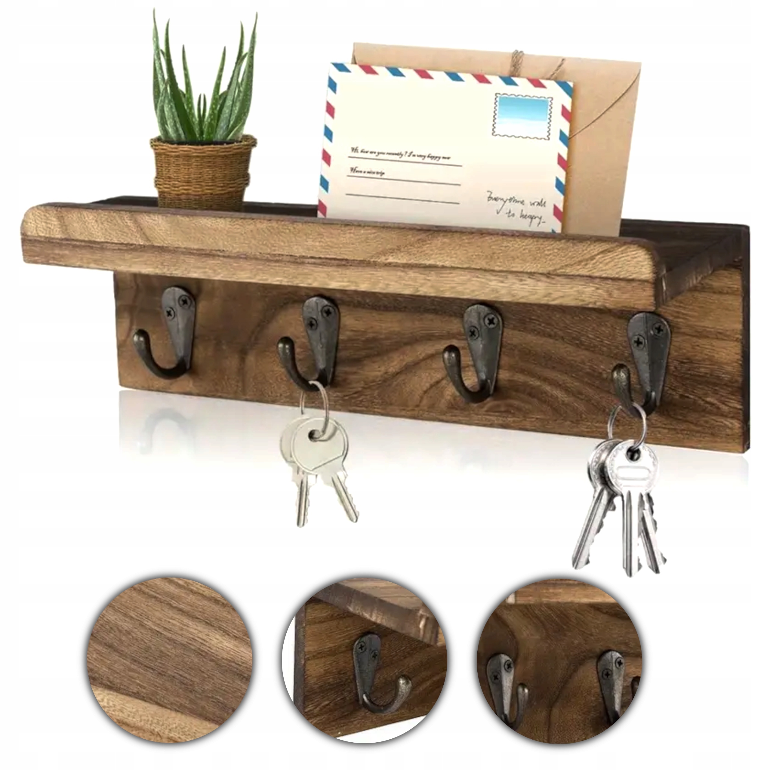 WIESZAK NA KLUCZE DIKOM 4 HAKI DREWNIANY SOLIDNY LOFT RUSTYKALNY KORYTARZ