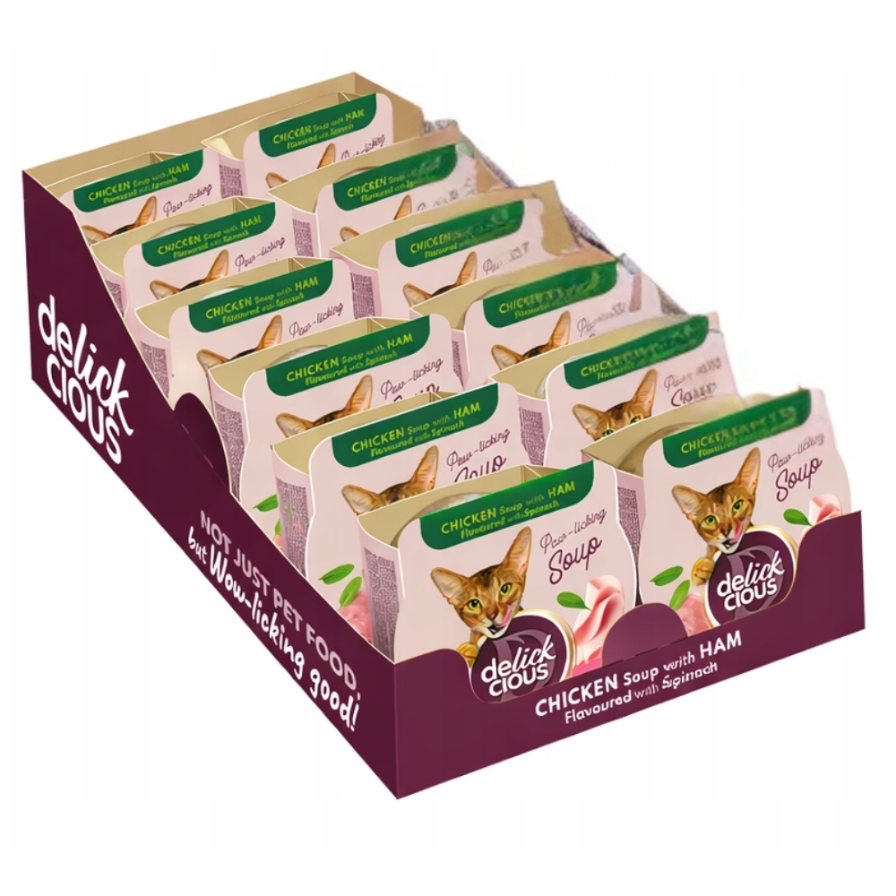 Levně Delickcious Krmivo pro dospělé kočky s kuřecím a šunkou a špenátem 12x80g