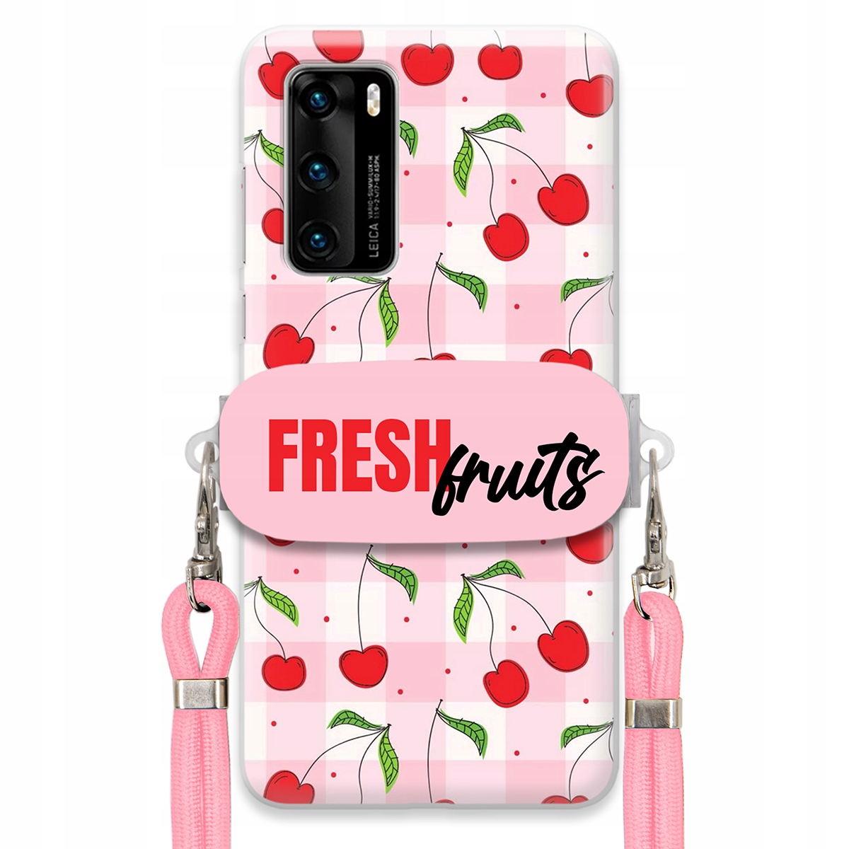 Puzdro pre Huawei P40 Case držiak na šnúrku Ružový Fresh Fruits Mriežka Ovocie