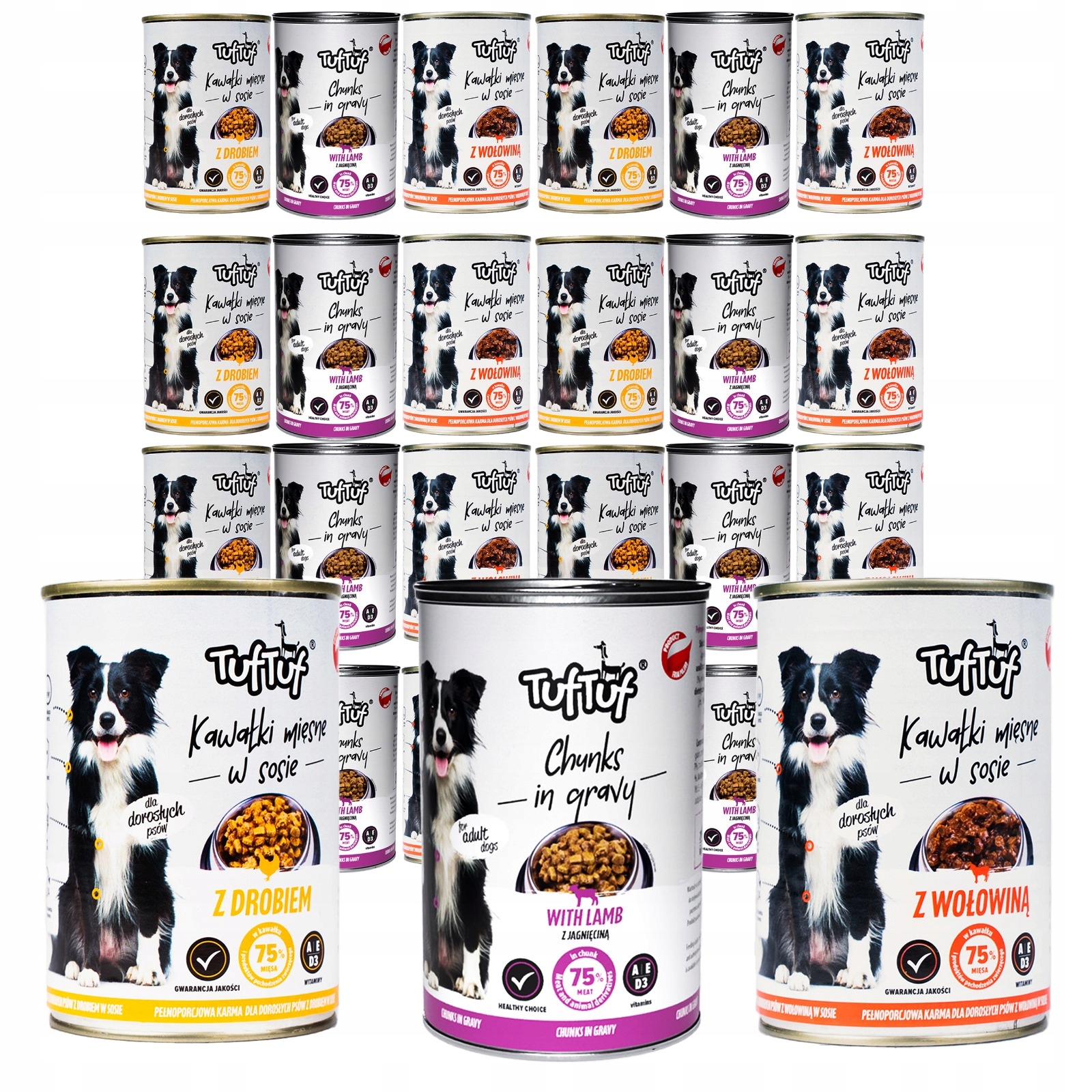 Levně Mokré Krmivo pro psy 24x415g. 3 příchutě, kousky v omáčce Tuf Tuf MIX Chutí