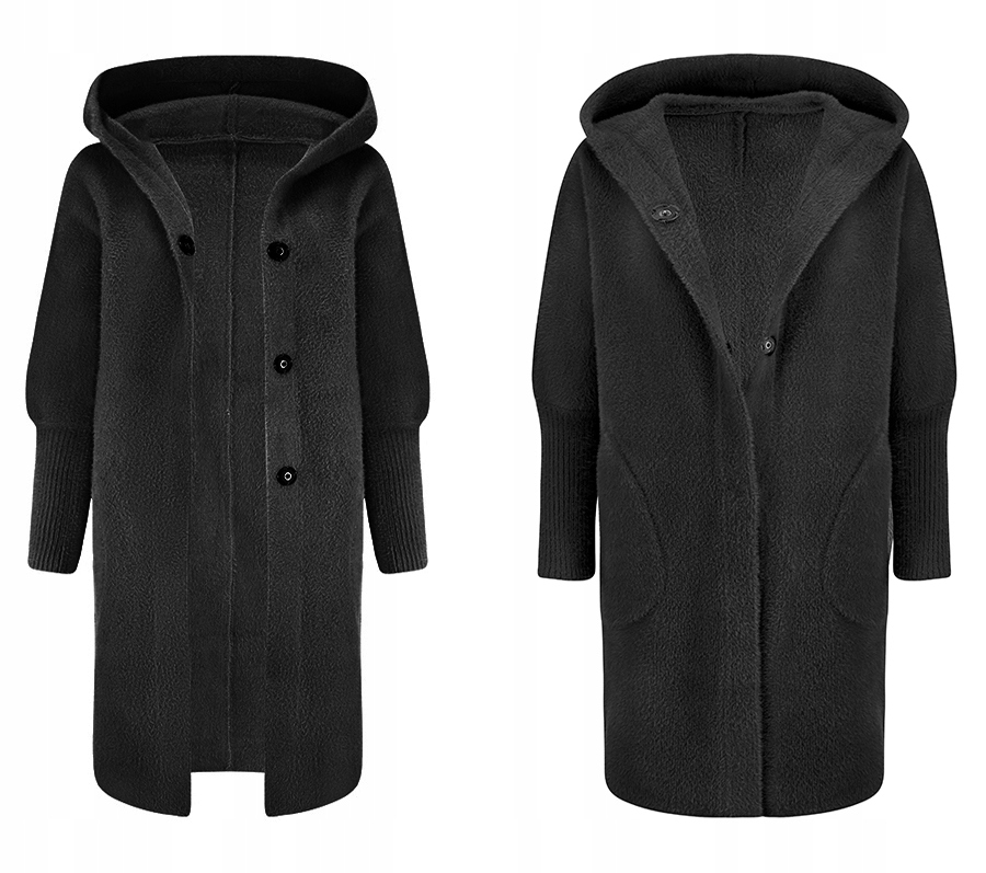 Teplý Alpaka Kabát Přehoz Vlna Barva Černá