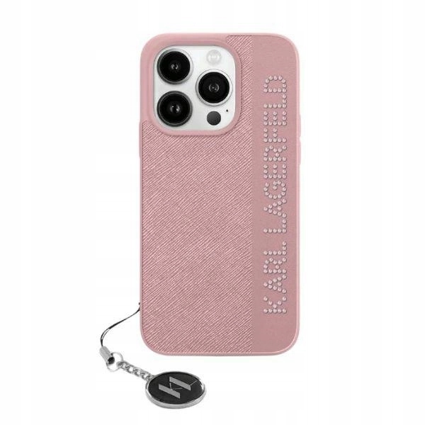 Pouzdro Karl Lagerfeld Saffiano Rhinestones & Charm pro iPhone 15 Pro růžové