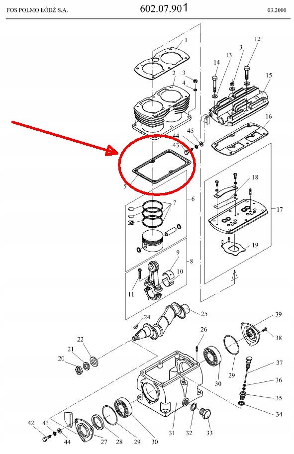 Uszczelka cylindra sprężarki HS21x , HS31x i 602.07..- FOS Polmo Łódź oryg Numer katalogowy części 602.05.126.04