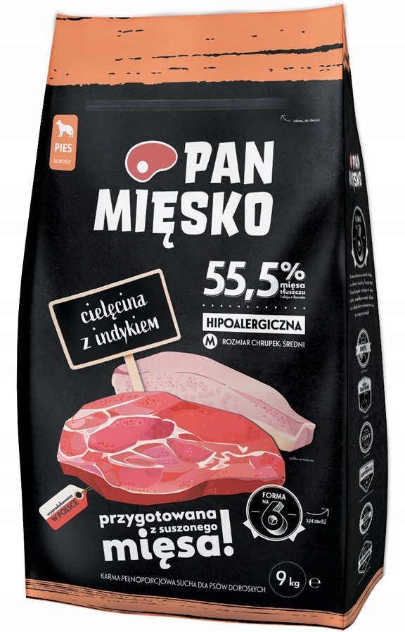 Levně Pan Mięsko Telecí maso s krůtím masem 9 kg Suché krmivo pro psy křupky M