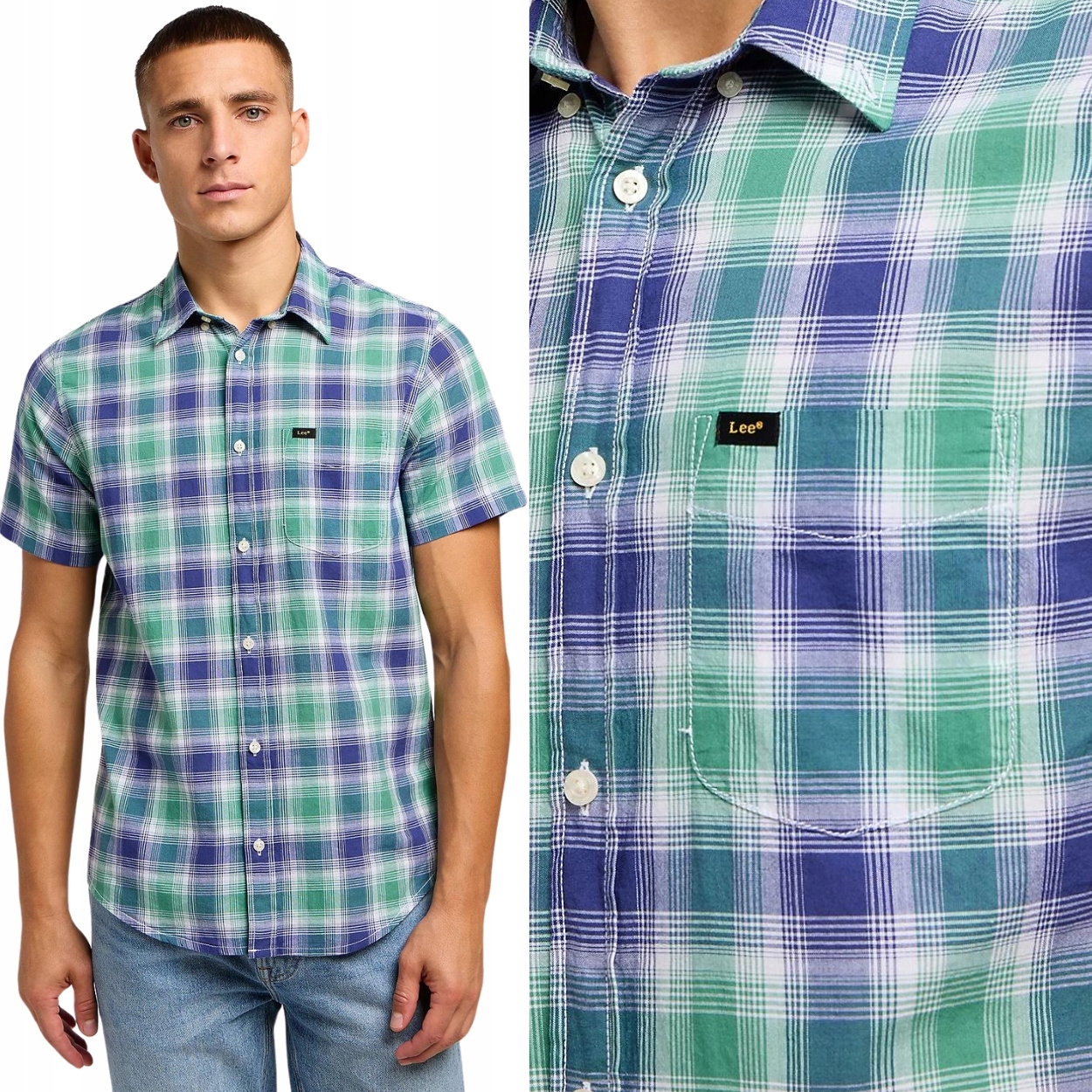 Lee Button Down Ss Dandy Green bavlněná kostkovaná košile s krátkým rukávem, velikost S