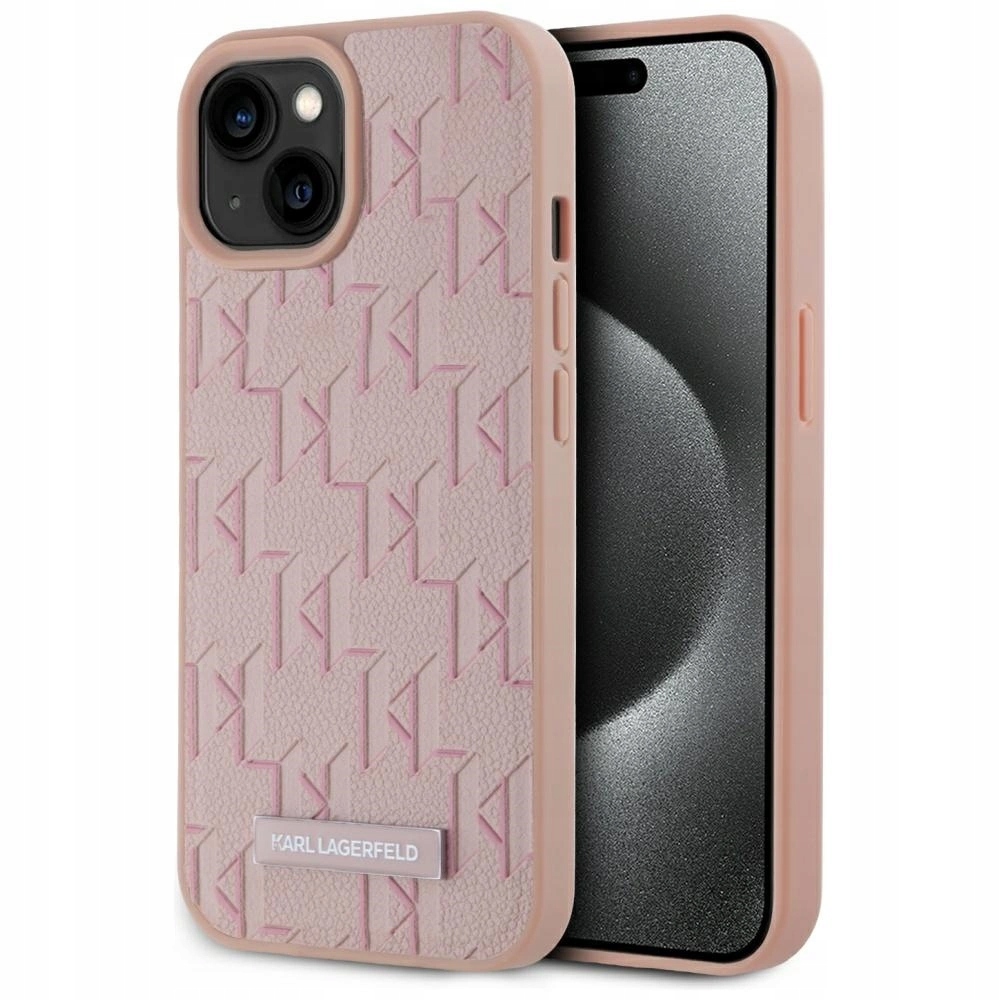 Pouzdro Karl Lagerfeld Leather Monogram Metal Logo MagSafe na iPhone 15 růžové