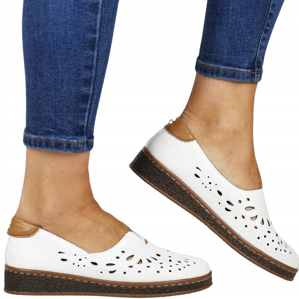 Dámské Kožené Polobotky Na Klínku, Vyřezané, Bílé, Béžové, Pohodlné