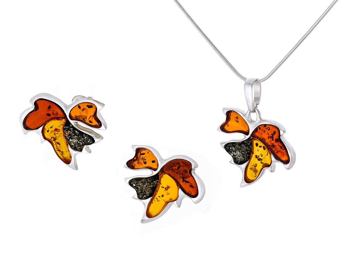 

Srebrny komplet Fantazyjne listki z bursztynem