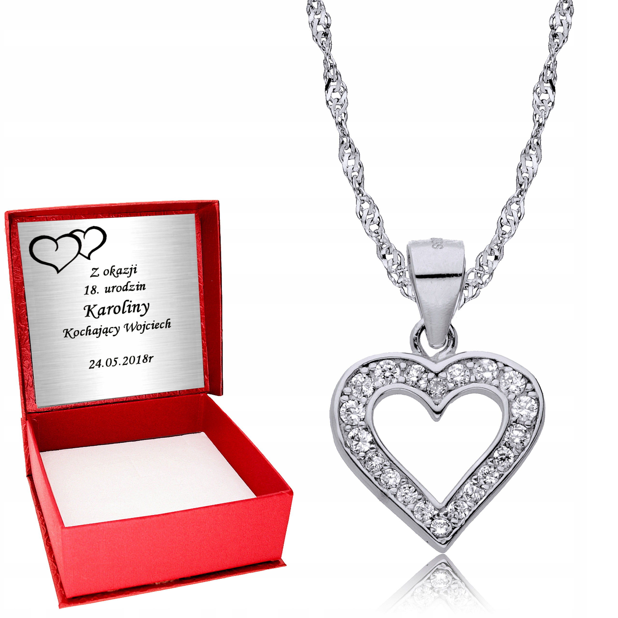 

Srebrny Łańcuszek 925 Serce z cyrkoniami Grawer