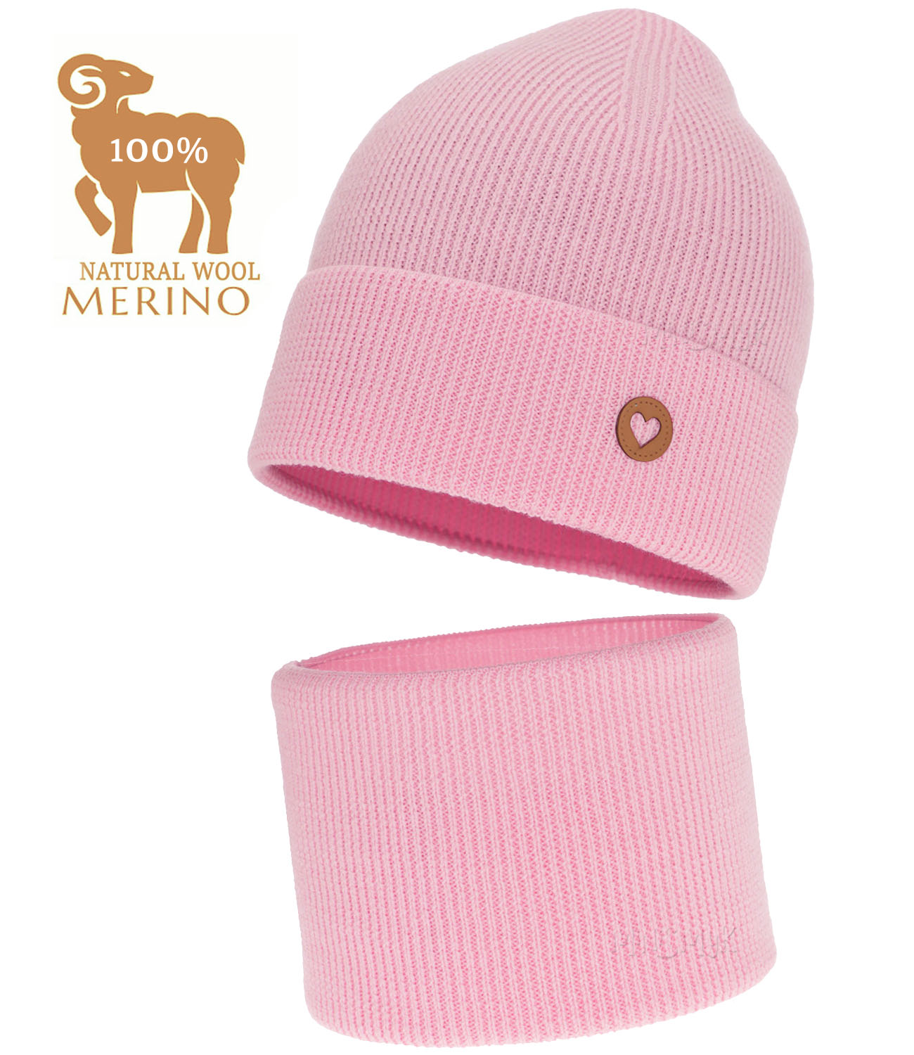 Różowy Komplet Wełna Merino Czapka Komin jesień wiosna Prążek r 50-52