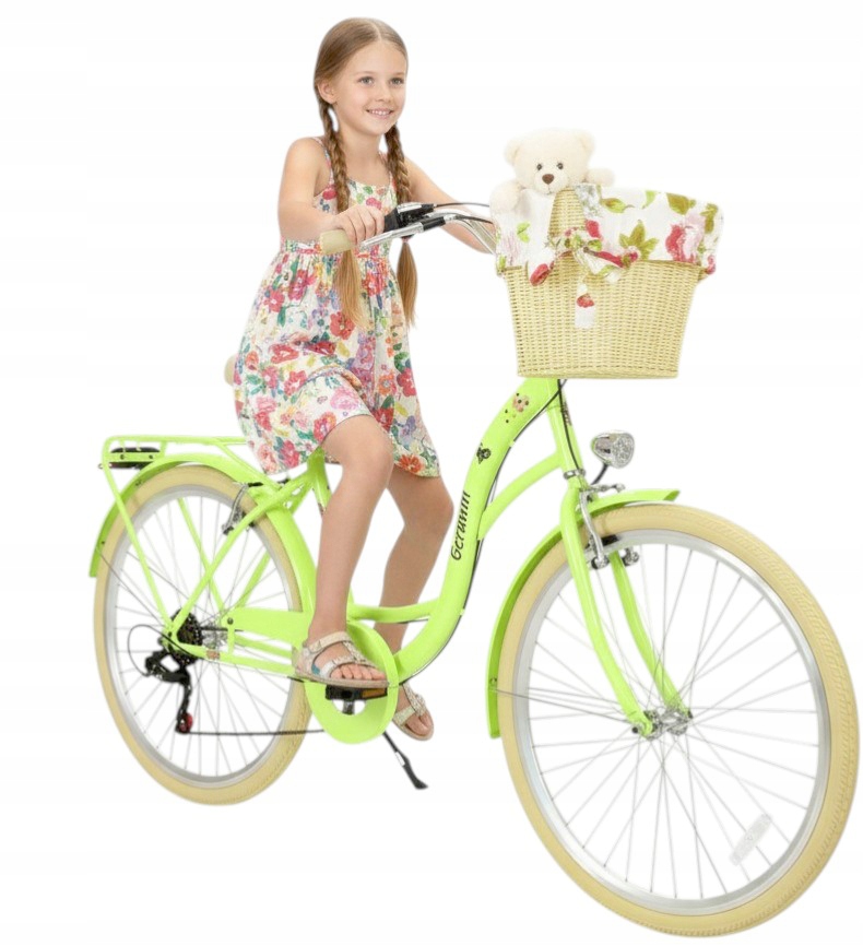Piękny Miętowy Rower Dziewczęcy 26 Damski Trawa Cytrynowa 134-154 CM Kosz
