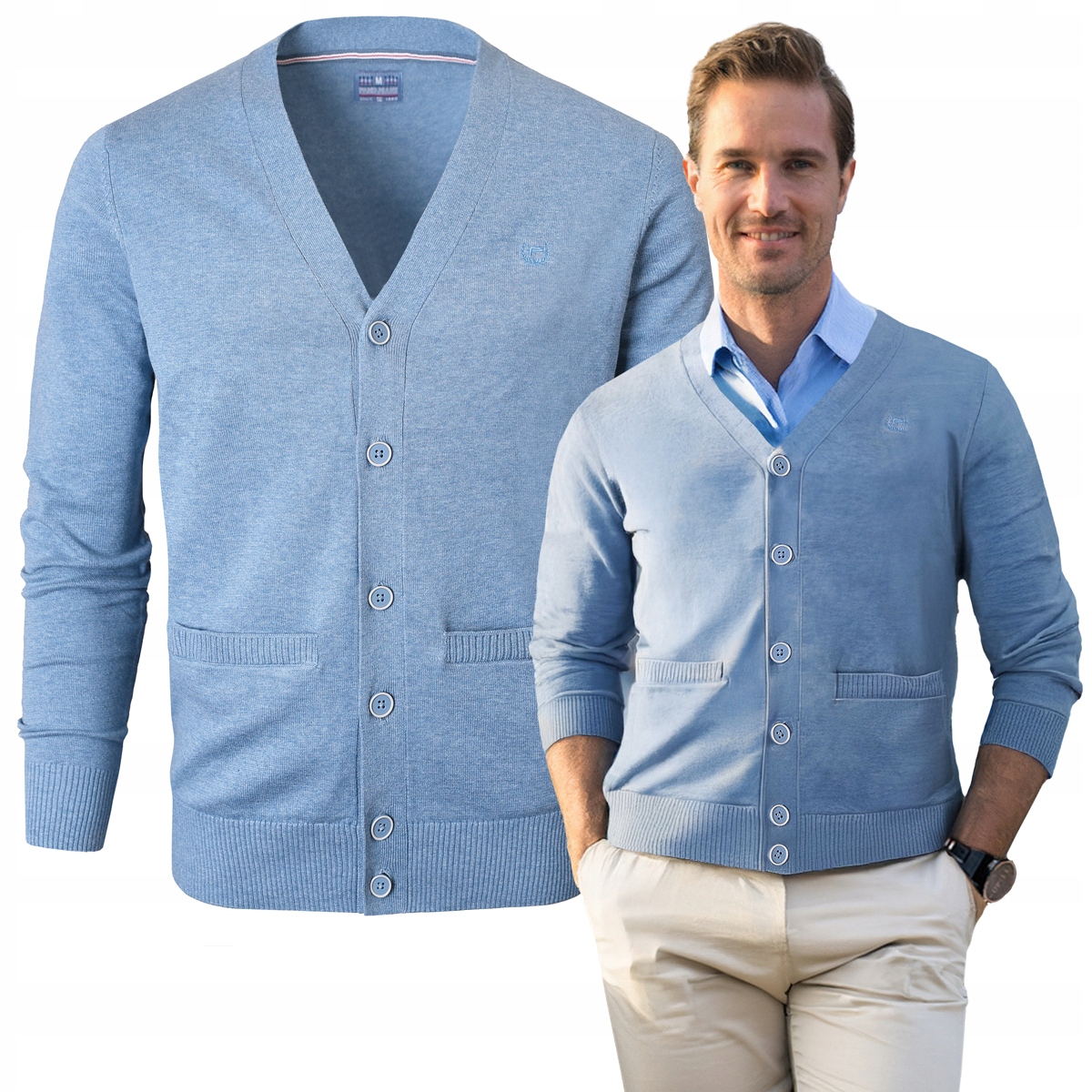 Pánský Svetr Rozepínací Kardigan na Knoflíky Modrý Melanž L Pako Jeans