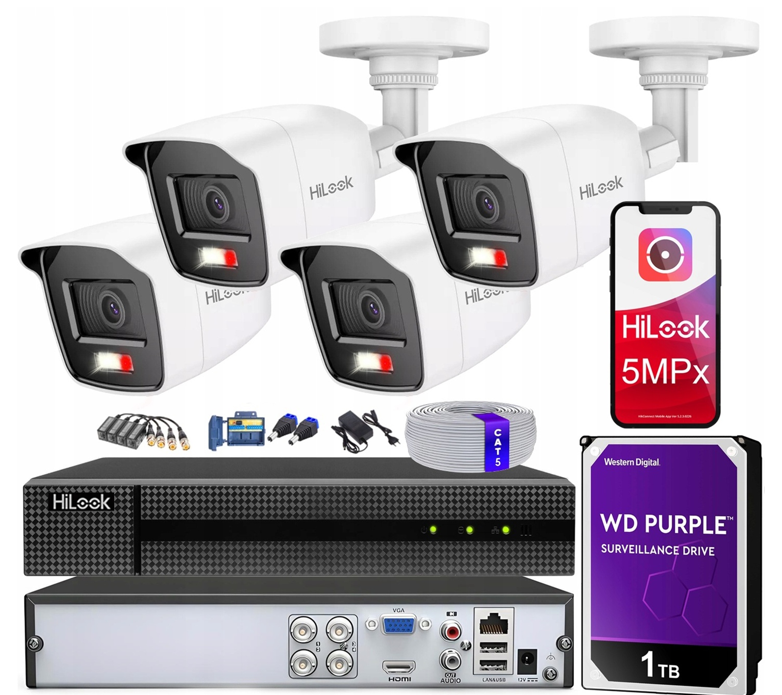 Sada pro monitorování 5Mpx 4 venkovní kamery Ahd na kroucený kabel Hikvision