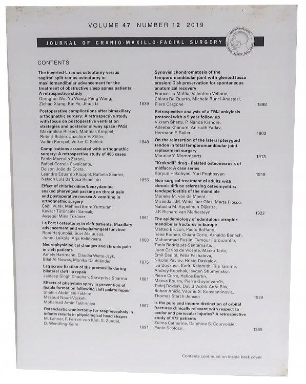 JOURNAL OF CRANIO MAXILLO FACIAL SURGERY NR 12/2019 VOLUME 47 Wydawnictwo Elsevier