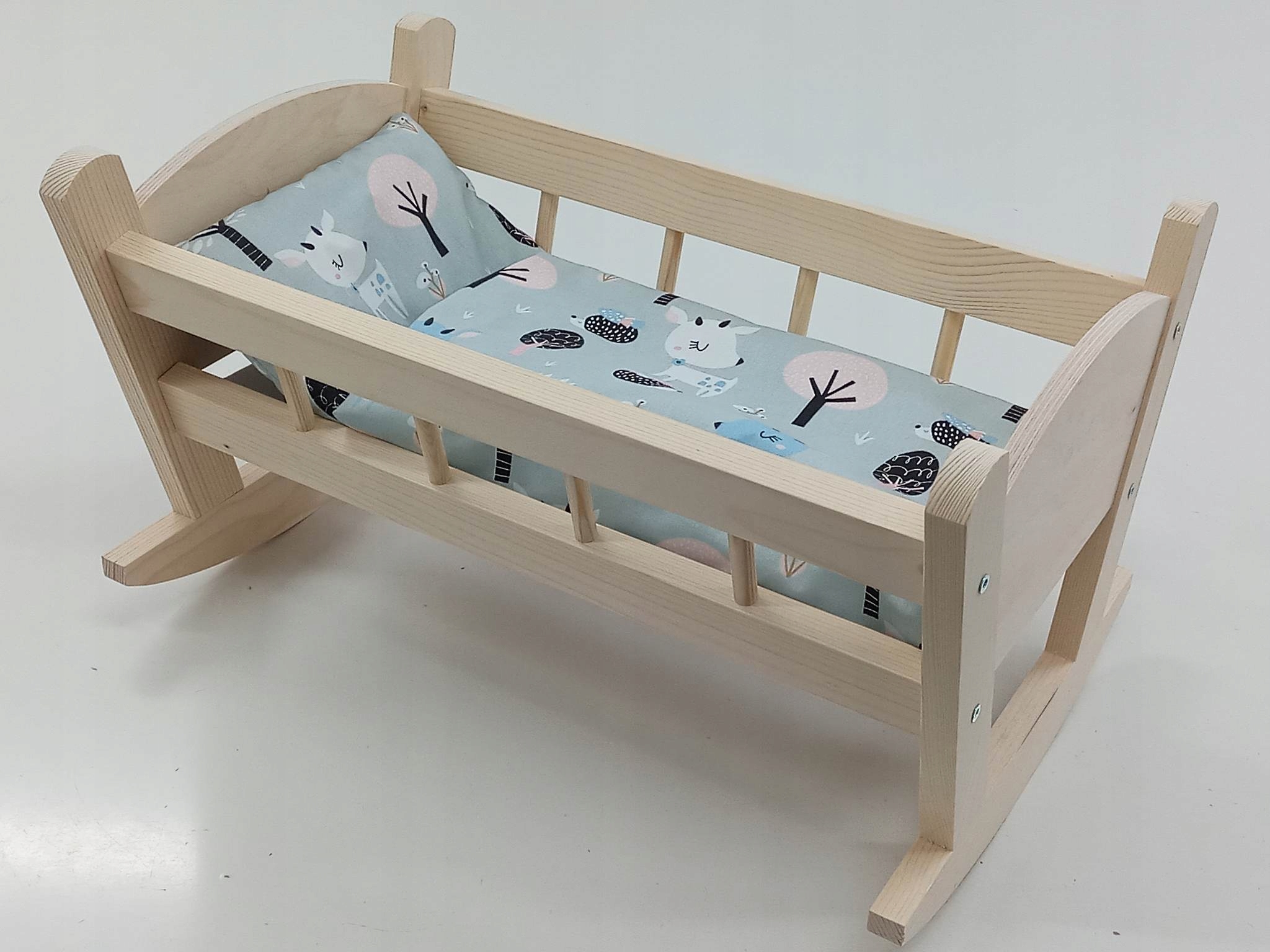 KOŁYSKA DREWNIANA dla lalek NIEMALOWANA + POŚCIEL