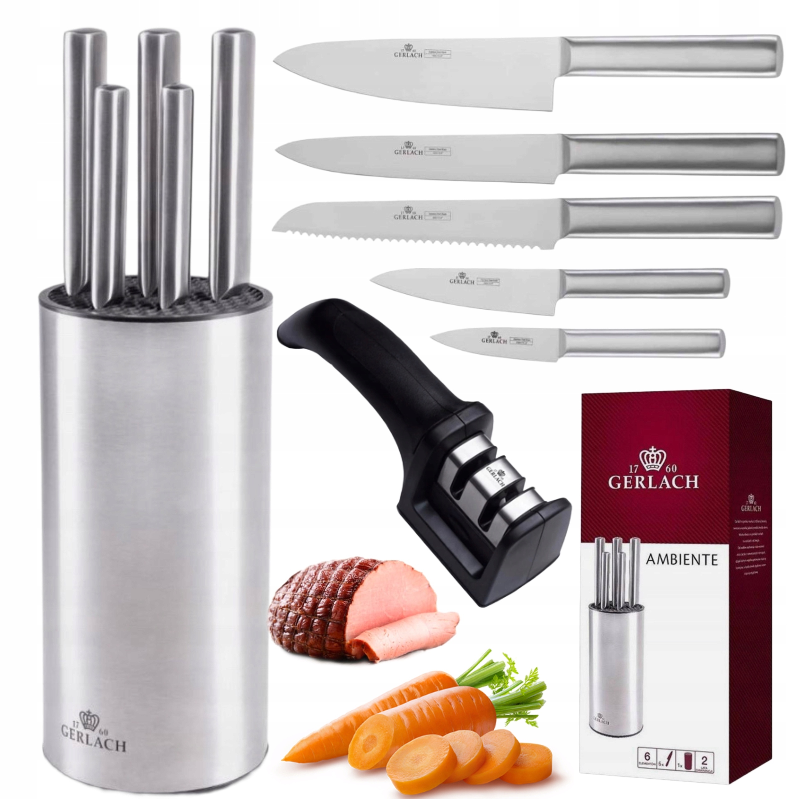 Sada 5 Nožov Gerlach Ambiente V Oceľovom Bloku S Ostrým Silným Brúskom