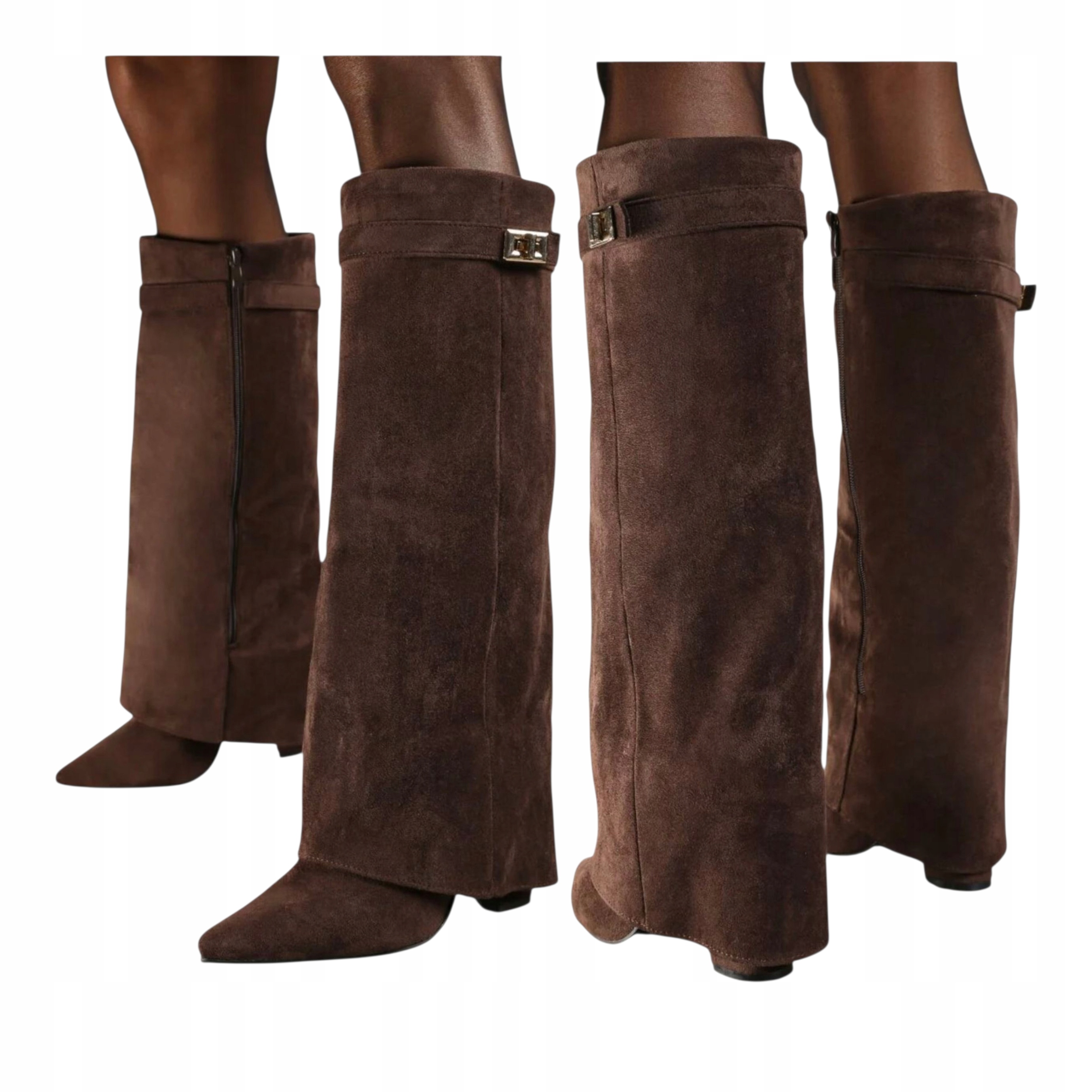 Dámské vysoké semišové kozačky s rolovacím svrškem Svršek Kůže Hnědá 41