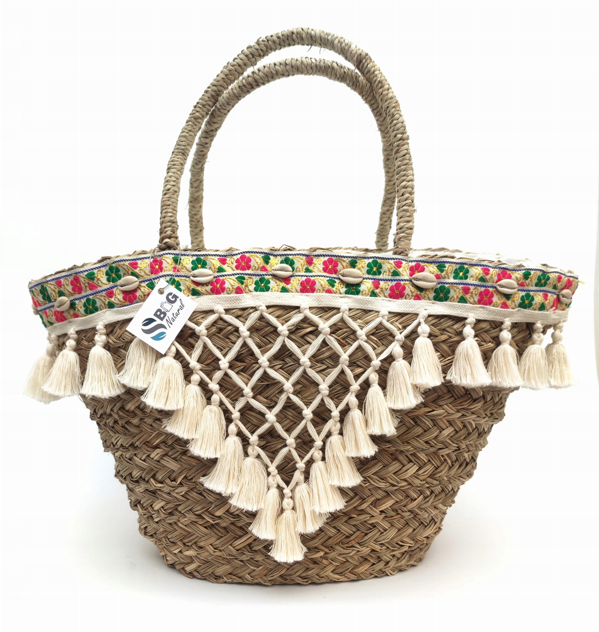 Taška Košík Boho Velká A4 Pletená Tráva Mořské Třásně Letní Mušle