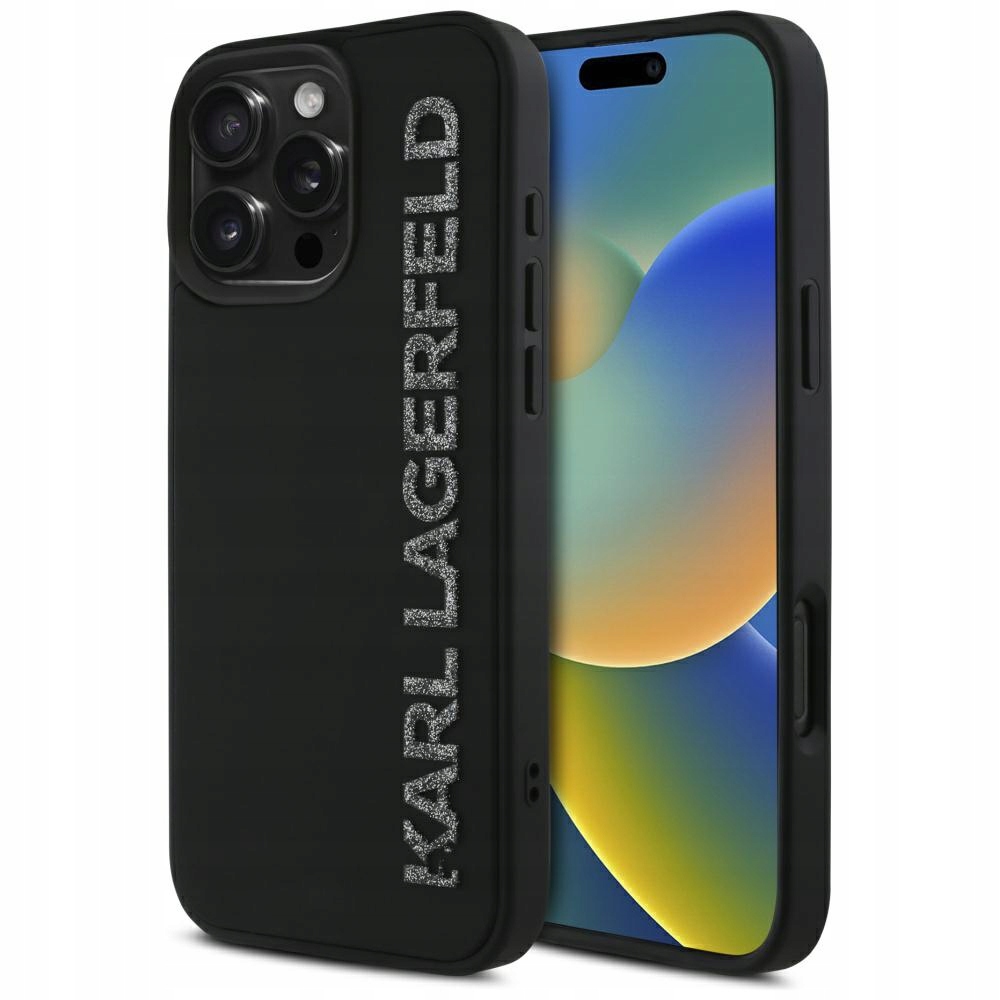 Pouzdro Karl Lagerfeld Hc 3D Rubber Elongated Glitter pro iPhone 16 Pro, černé